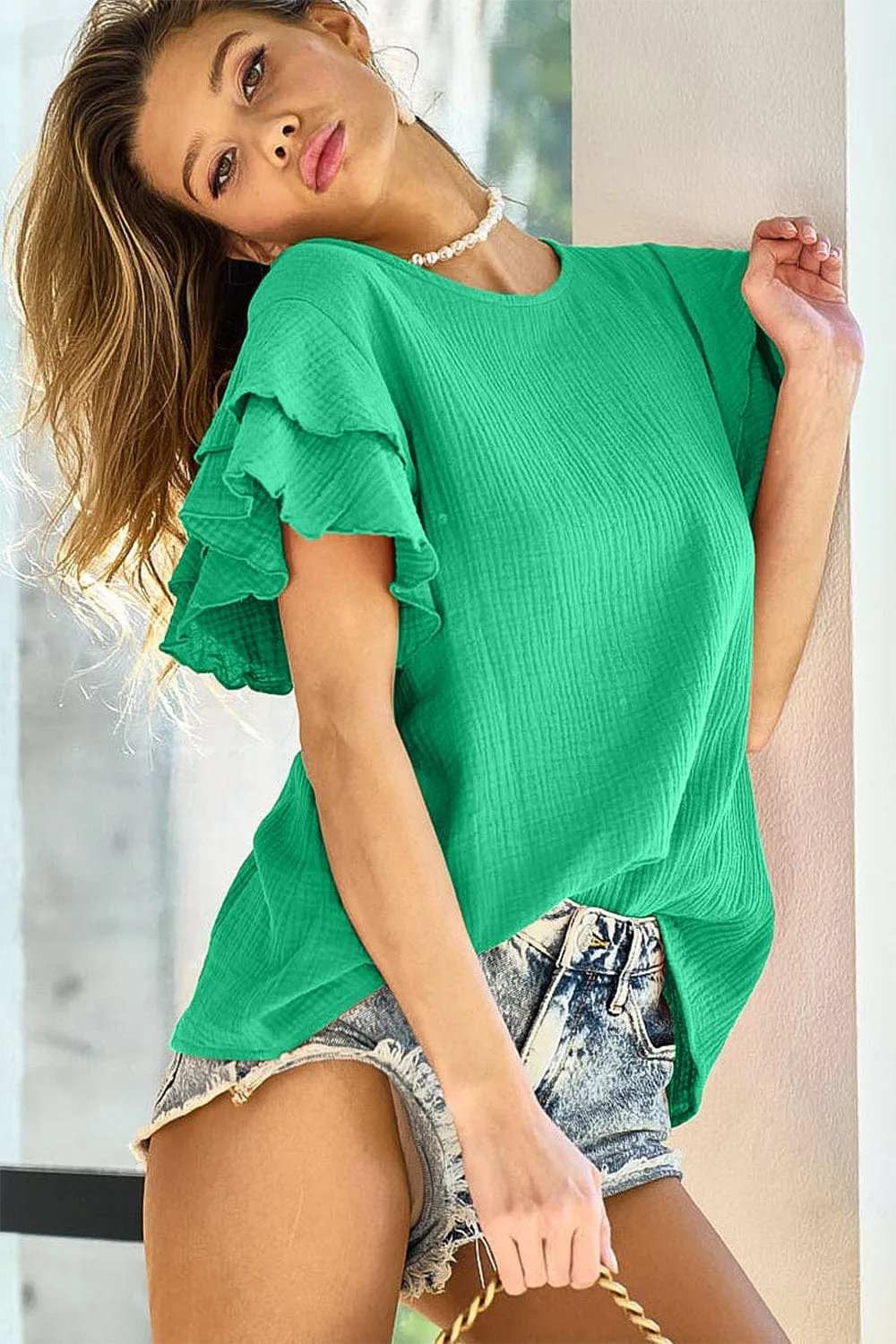 BiBi Ruffle Sleeve Wrinkled Cotton Gauze Top - Trendsi - Flyclothing LLC