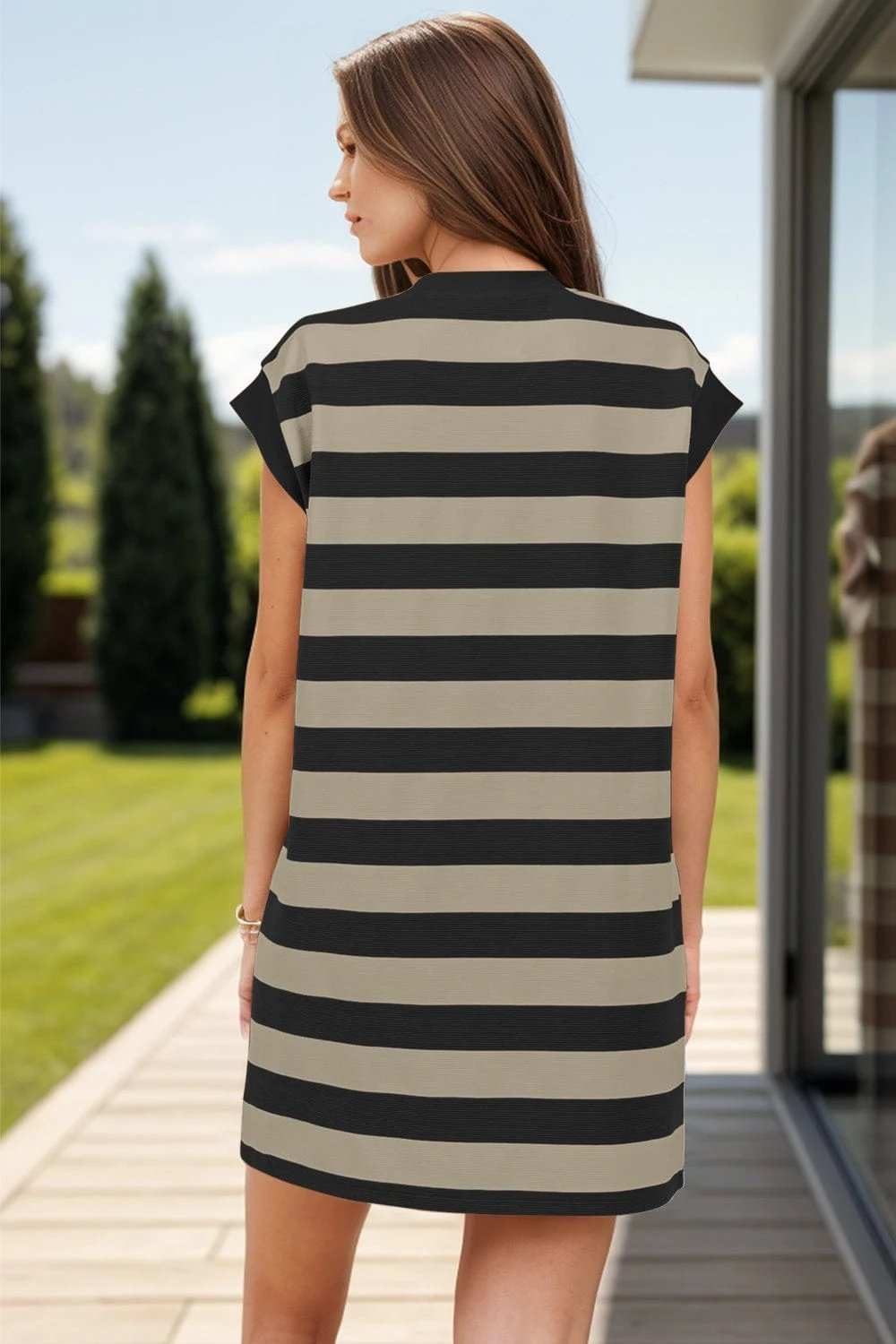 Striped Round Neck Cap Sleeve Mini Dress - Trendsi - Flyclothing LLC