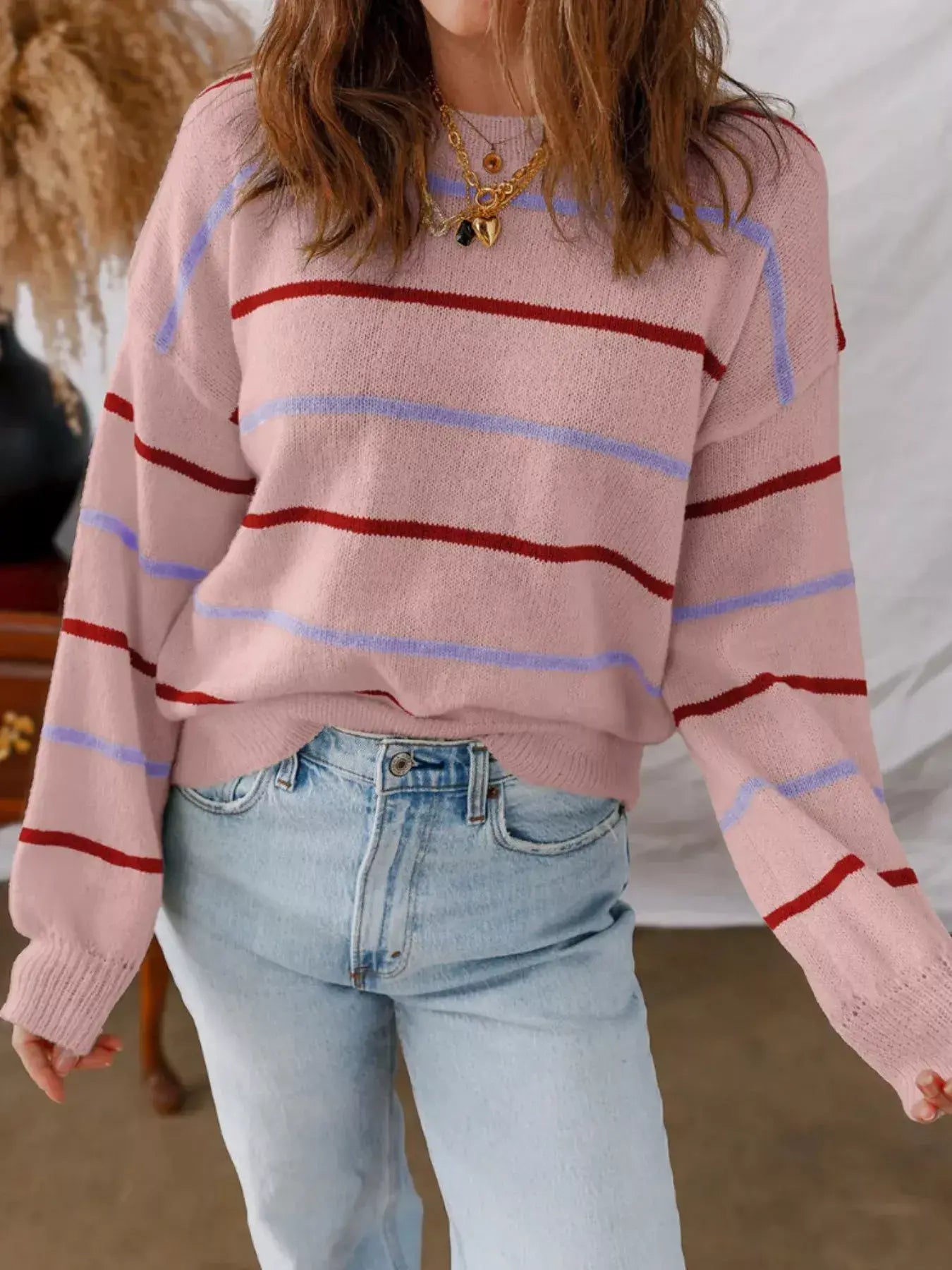 Striped Knit Round Neck Sweater - Trendsi - Flyclothing LLC