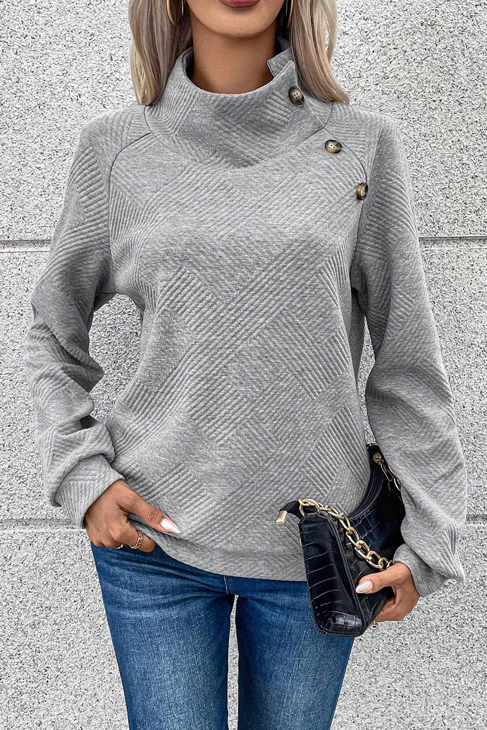 Textured Turtleneck Long Sleeve Sweatshirt - Trendsi - Flyclothing LLC
