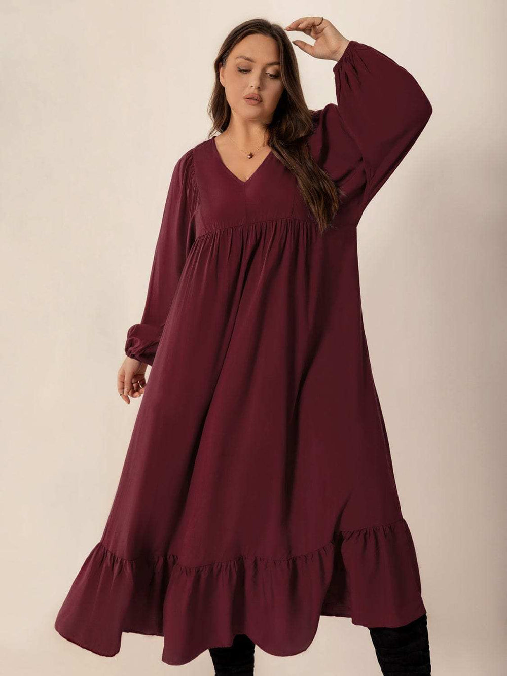 Plus Size Ruffled Hem V-Neck Balloon Sleeve Dress - Trendsi - Flyclothing LLC