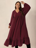 Plus Size Ruffled Hem V-Neck Balloon Sleeve Dress - Trendsi