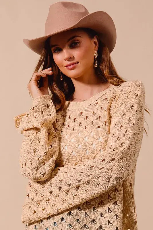 SO ME Geometric Pattern Open Knit Lightweight Sweater - Trendsi - Flyclothing LLC