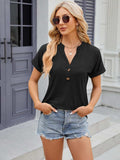 Decorative Button Notched Short Sleeve T-Shirt - Trendsi - Flyclothing LLC