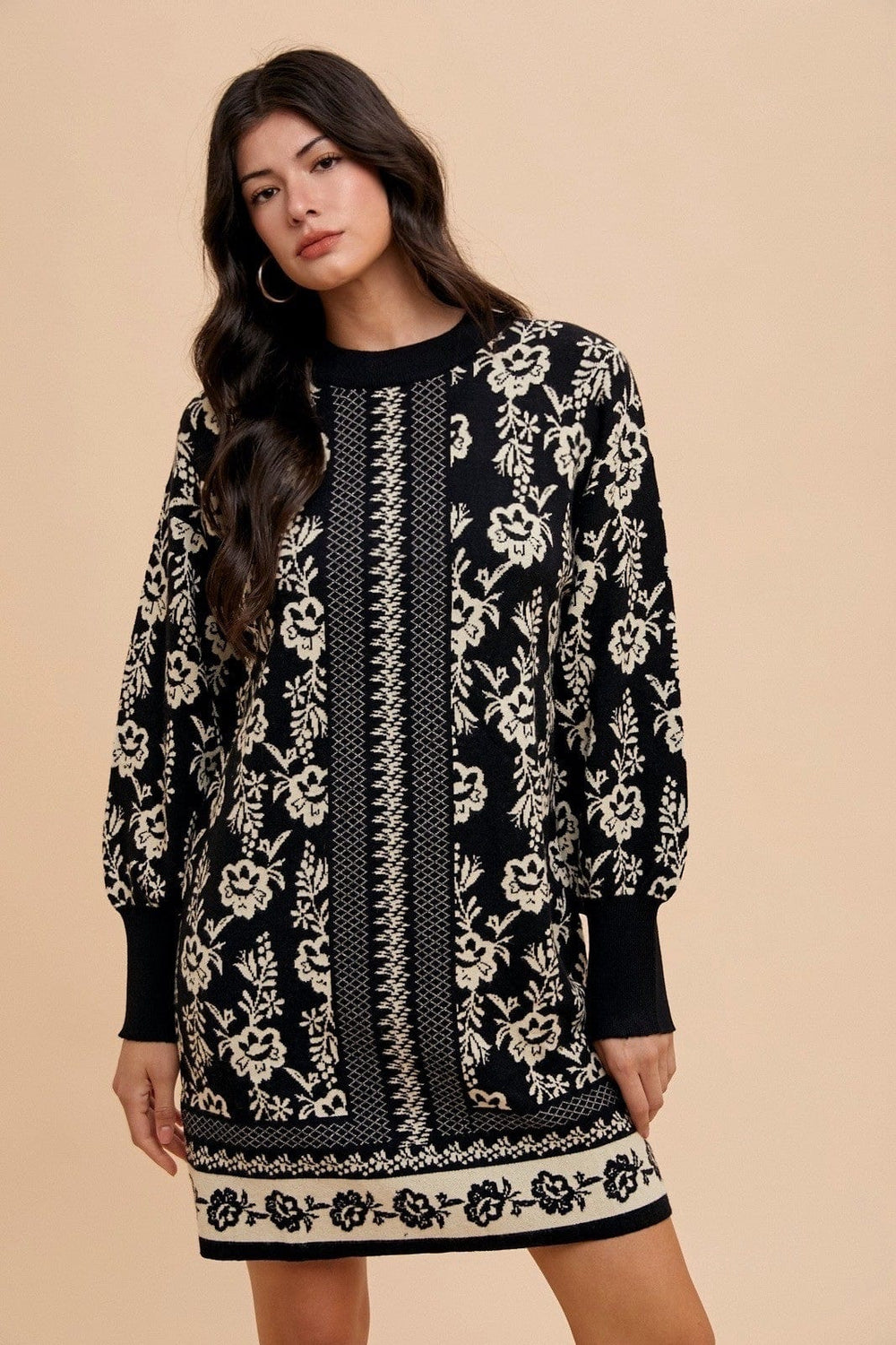 Annie Wear Floral Jacquard Round Neck Sweater Dress - Trendsi