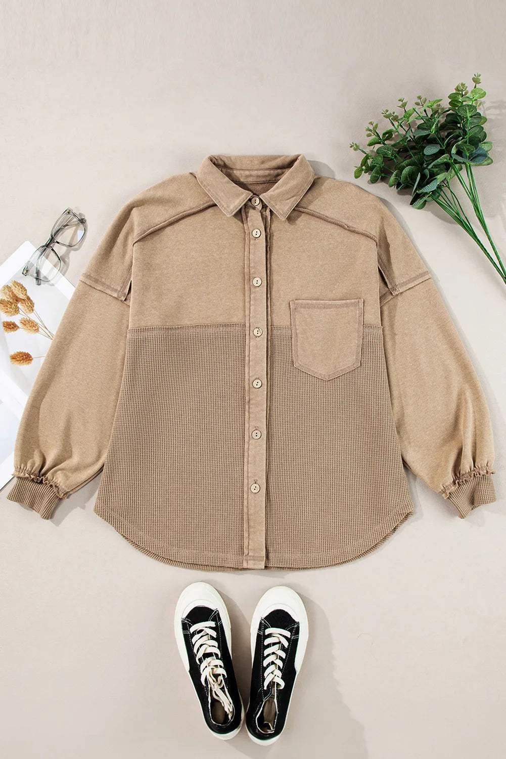 Waffle-Knit Collared Neck Long Sleeve Shacket - Trendsi - Flyclothing LLC