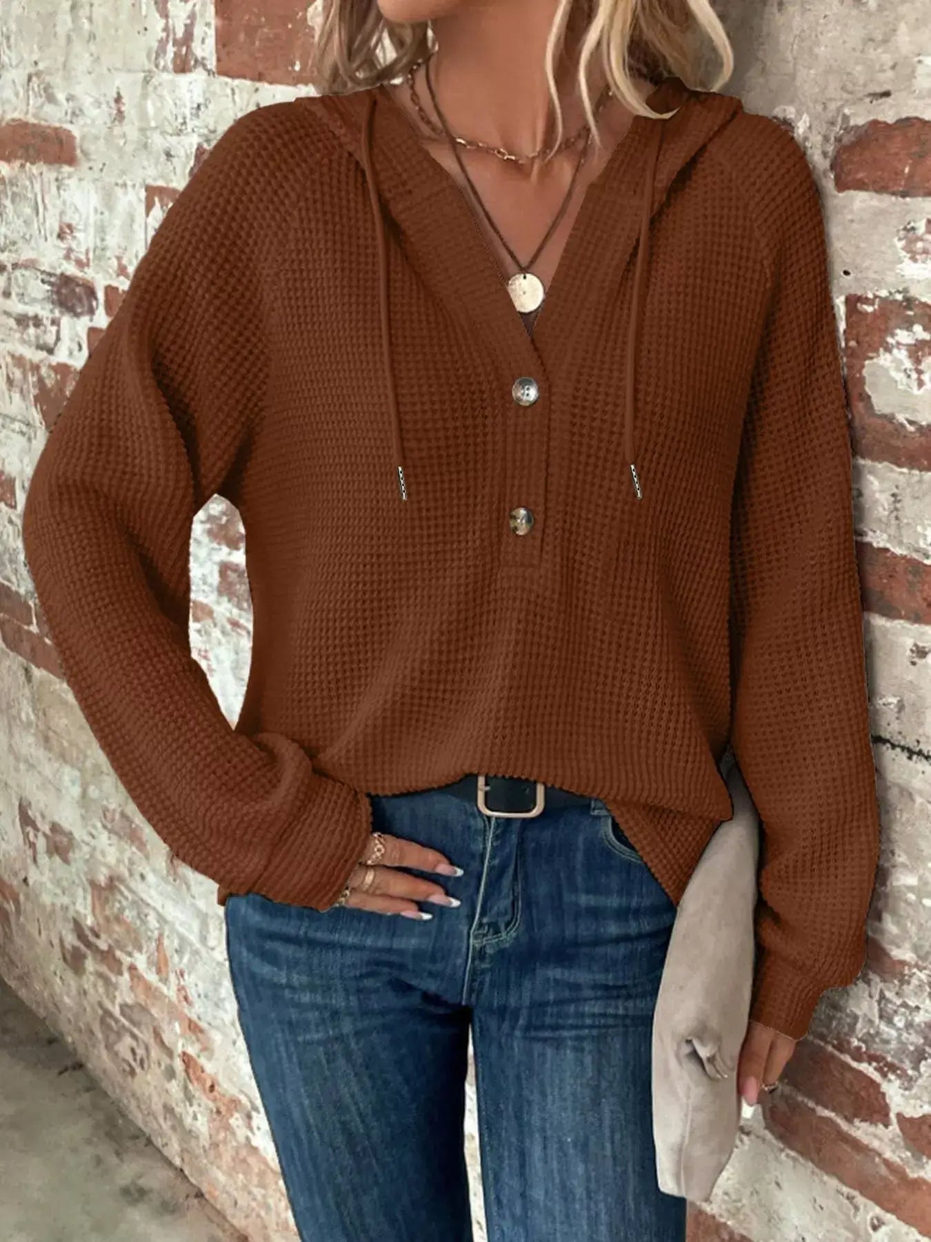 Waffle Knit Button Detail Hoodie - Trendsi - Flyclothing LLC
