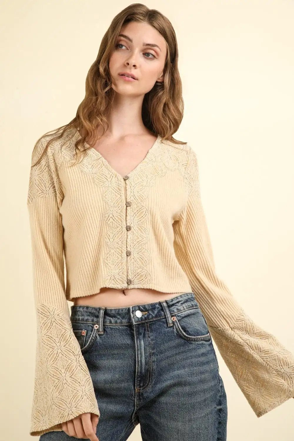 VERY J V-Neck Lace Detail Button Down Crop Ribbed Knit Top - Trendsi