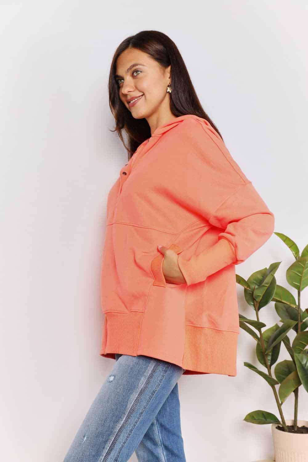 Double Take Quarter-Snap Dropped Shoulder Hoodie - Trendsi - Flyclothing LLC
