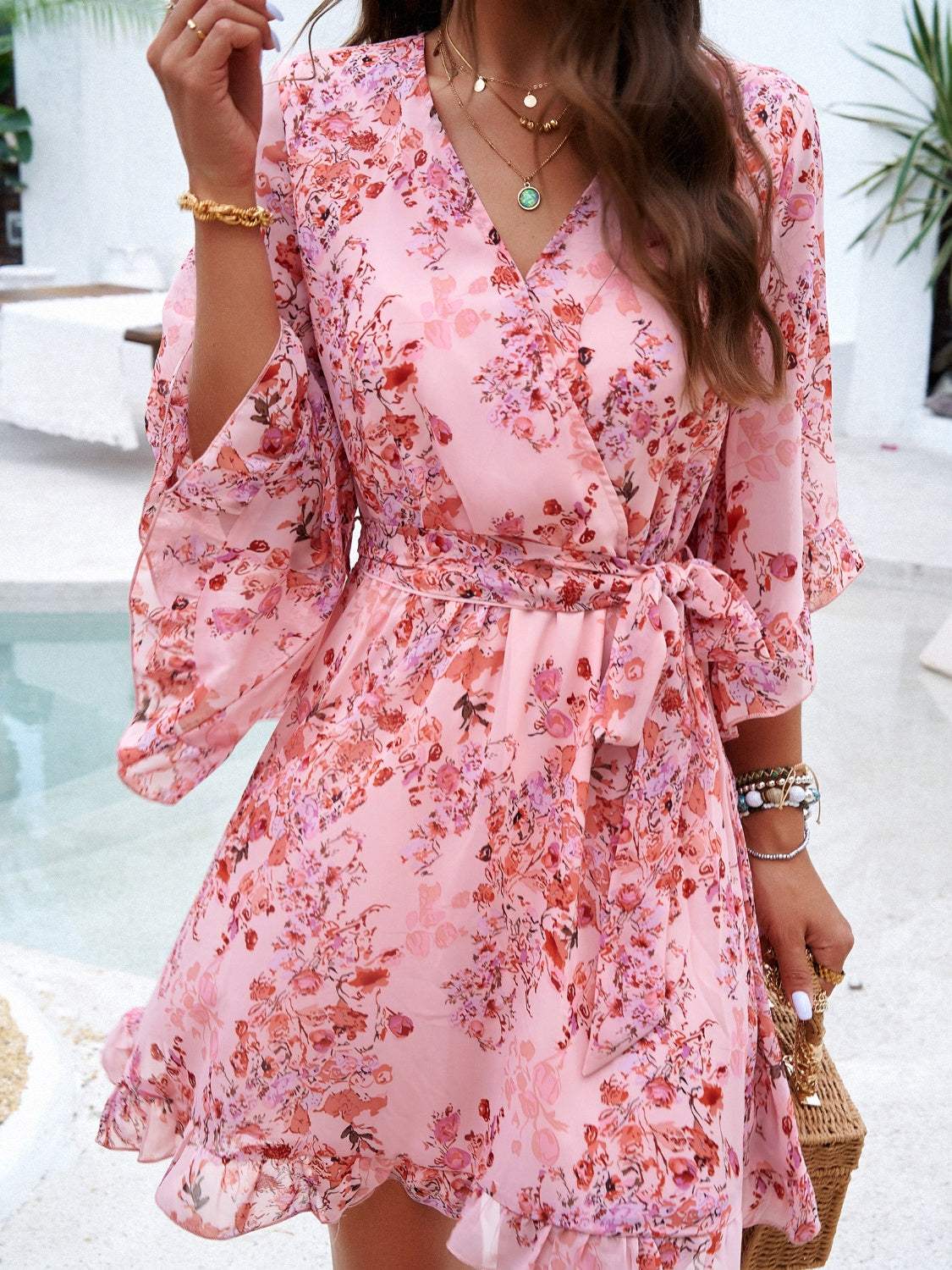 Ruffled Printed Surplice Half Sleeve Mini Dress - Trendsi - Flyclothing LLC