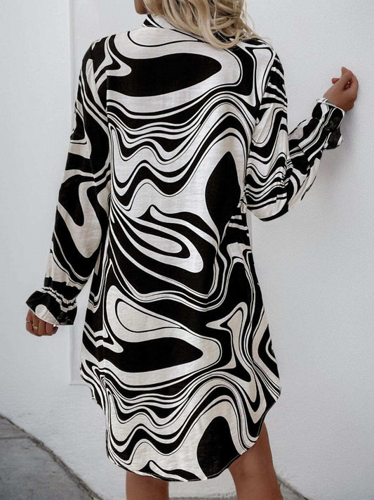 Perfee Ruffled Printed V-Neck Long Sleeve Dress - Trendsi - Flyclothing LLC