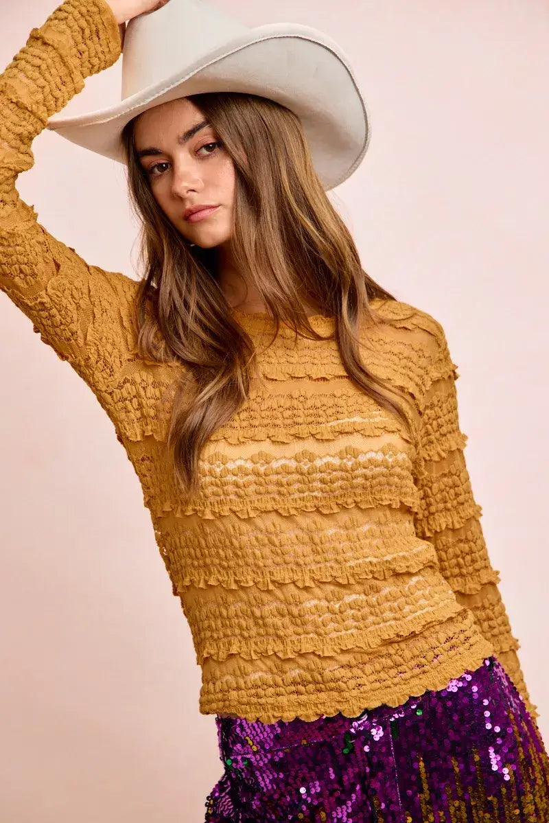 BiBi Ruffles Detail Mardi Gras Color Flower Lace Top - Trendsi - Flyclothing LLC