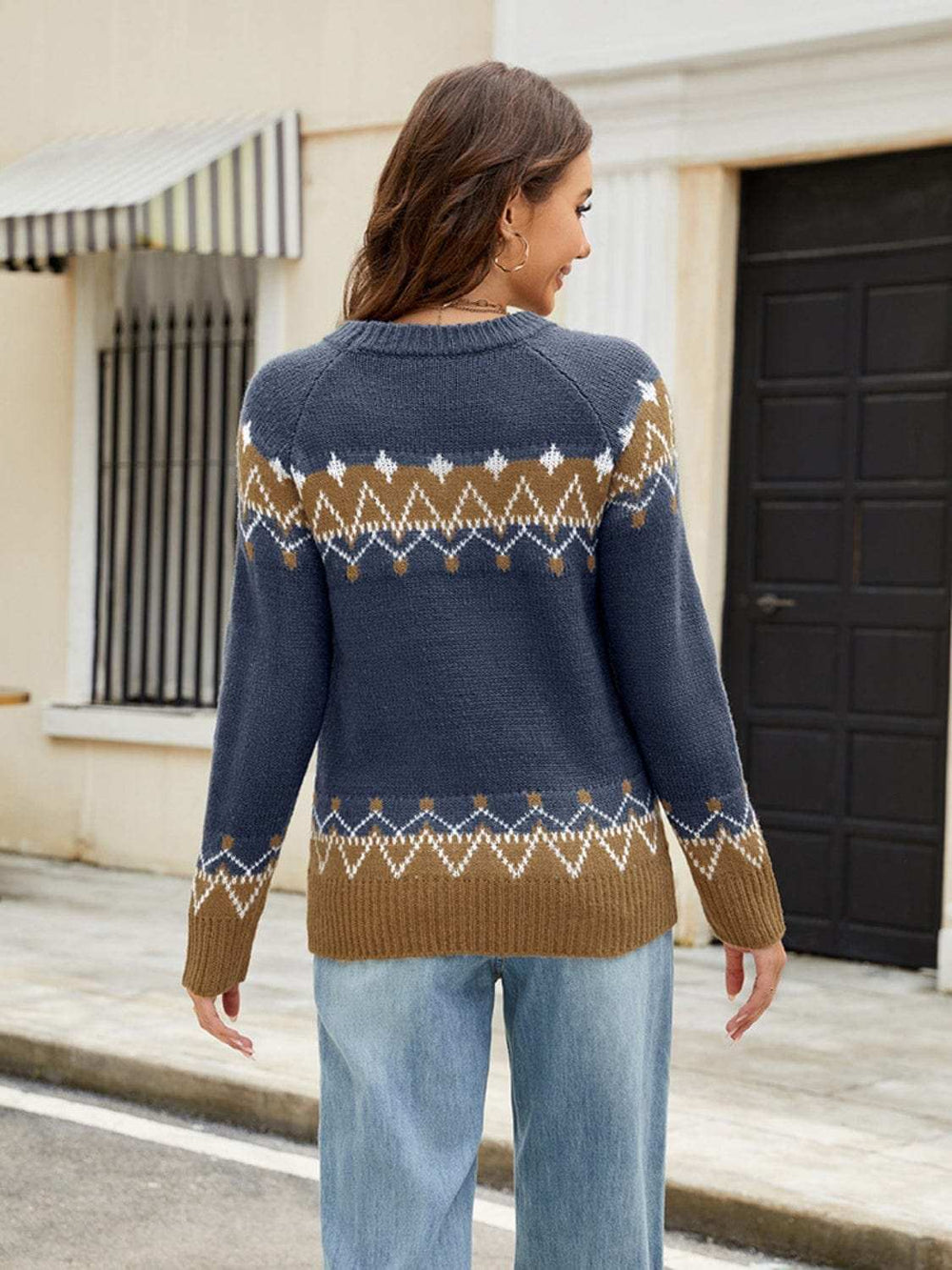 Contrast Round Neck Long Sleeve Sweater - Trendsi - Flyclothing LLC