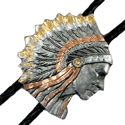 Rockmount Ranch Ware Pewter Indian Chief Tri-Tone Western Bolo Tie - Rockmount Clothing - Flyclothing LLC