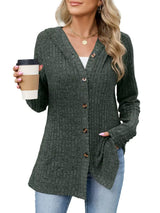 Ribbed Knit Hooded Button-Down Cardigan - Trendsi - Flyclothing LLC