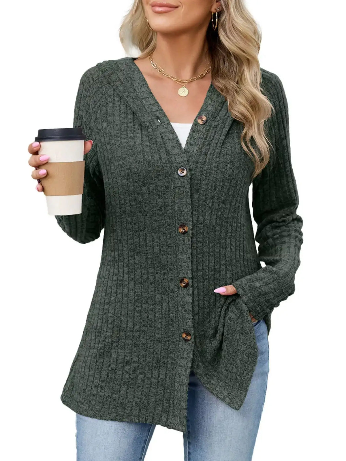 Ribbed Knit Hooded Button-Down Cardigan - Trendsi - Flyclothing LLC