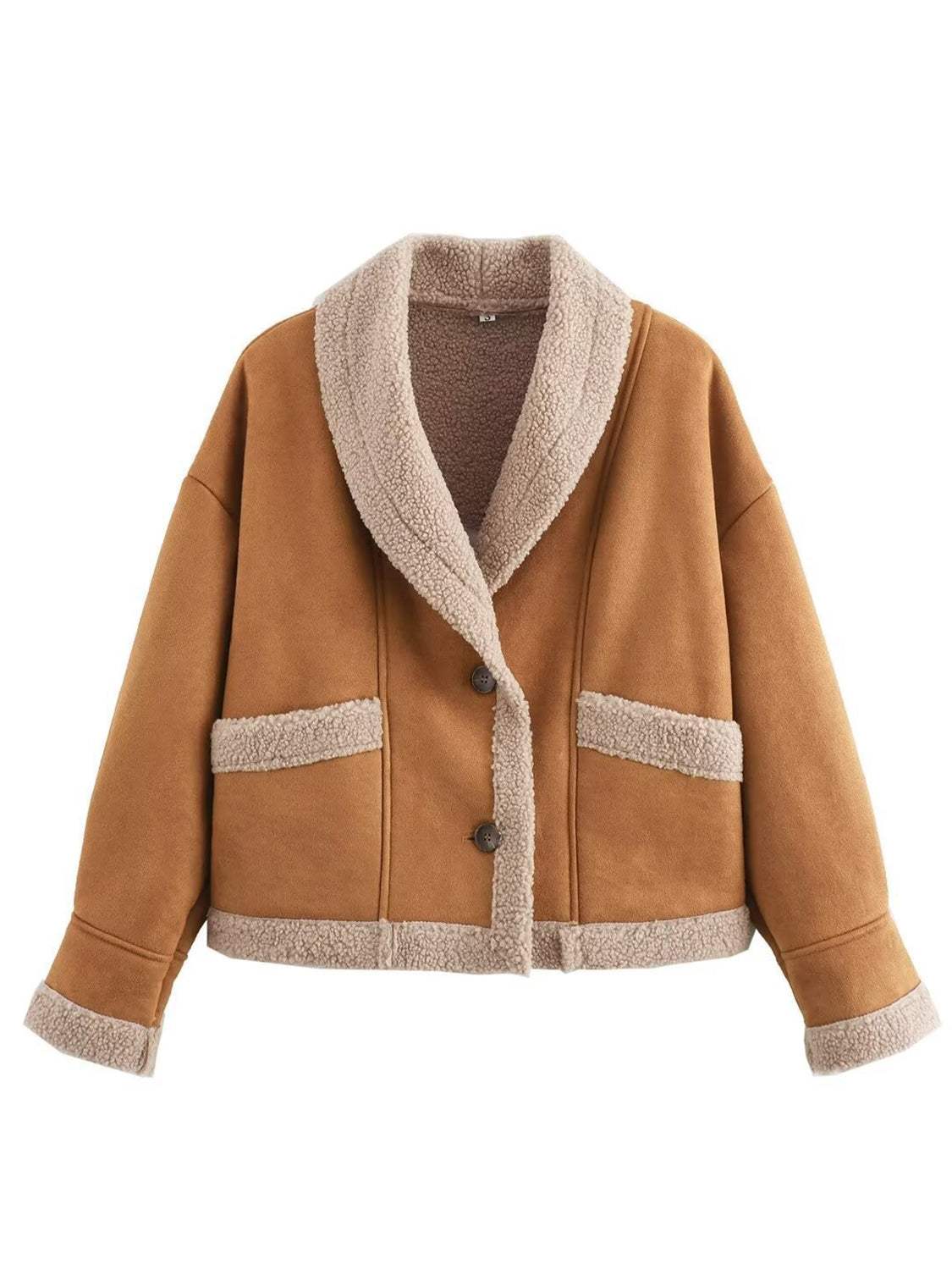 Fuzzy Collared Neck Long Sleeve Jacket - Trendsi - Flyclothing LLC