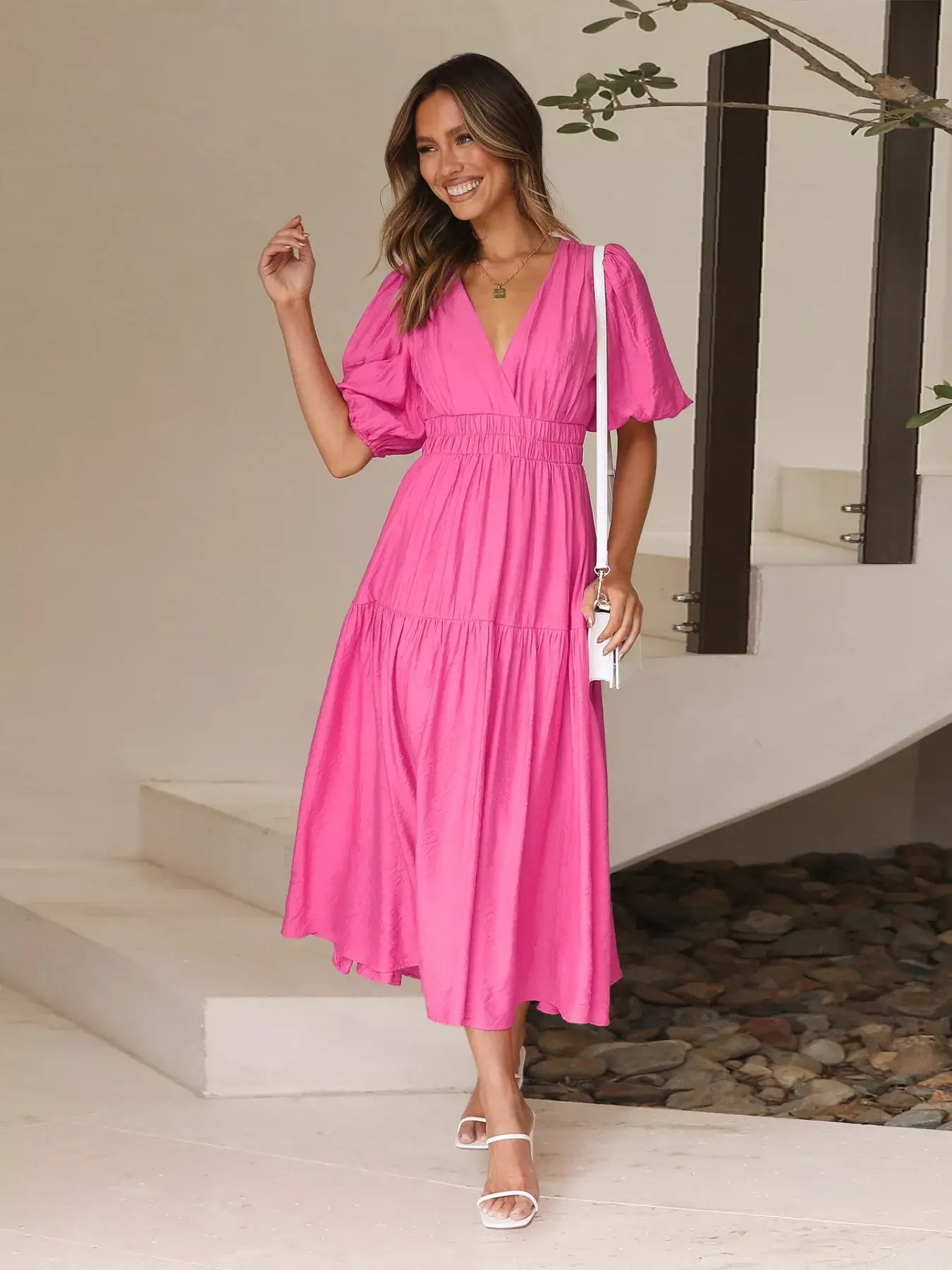 Tiered Puff Sleeve Midi Dress - Trendsi - Flyclothing LLC
