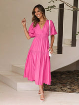 Tiered Puff Sleeve Midi Dress - Trendsi - Flyclothing LLC