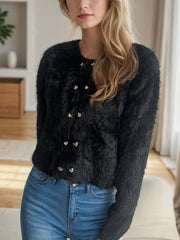 Heart Button Round Neck Cardigan - Trendsi