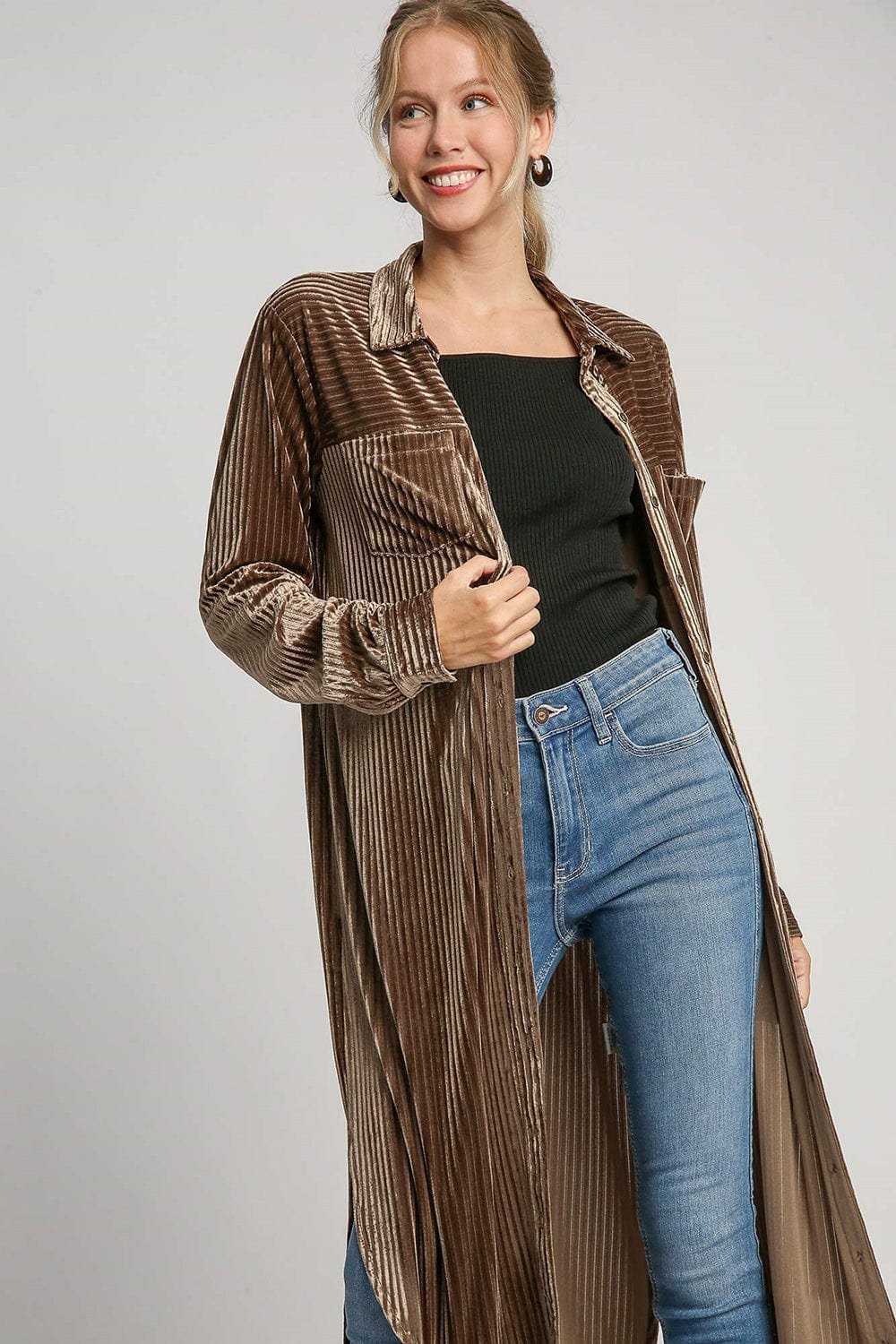 Umgee Texture Curved Hem Button Down Shirt Dress - Trendsi