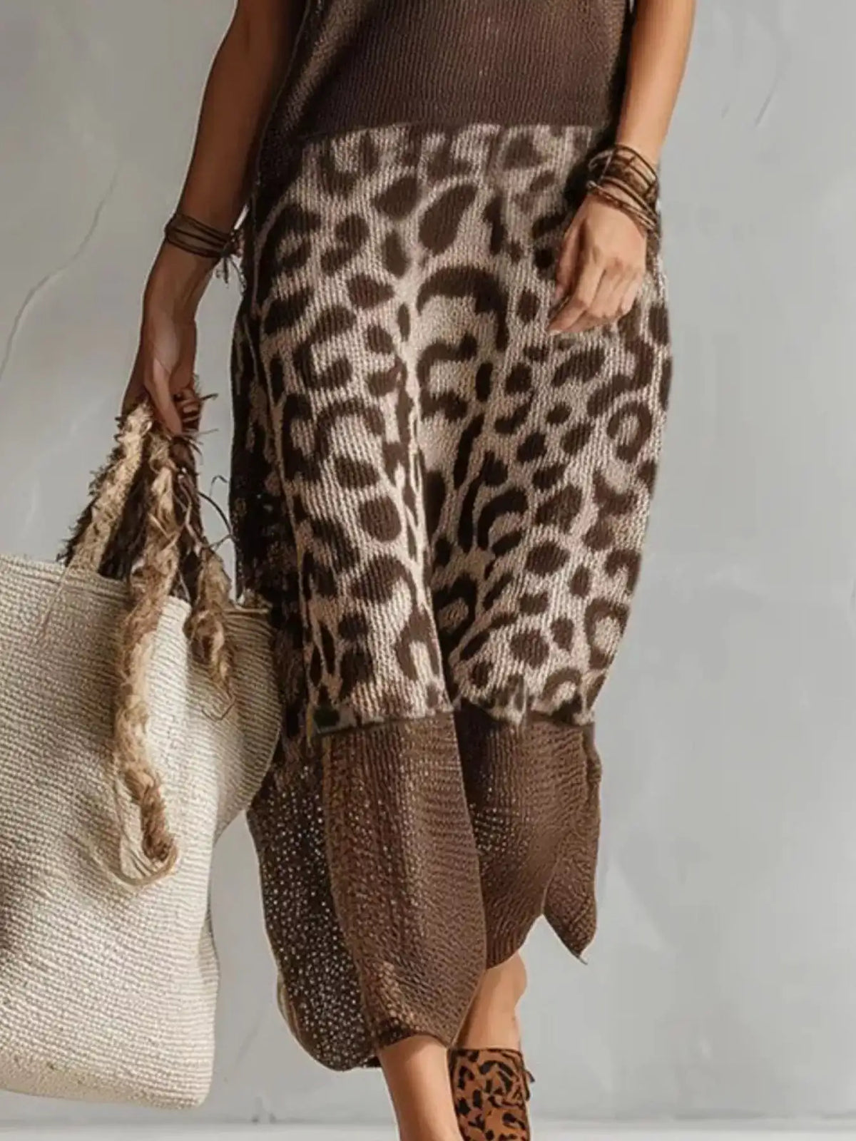 Full Size Sleeveless Color-Block Leopard Sweater Dress Plus Size - Trendsi - Flyclothing LLC