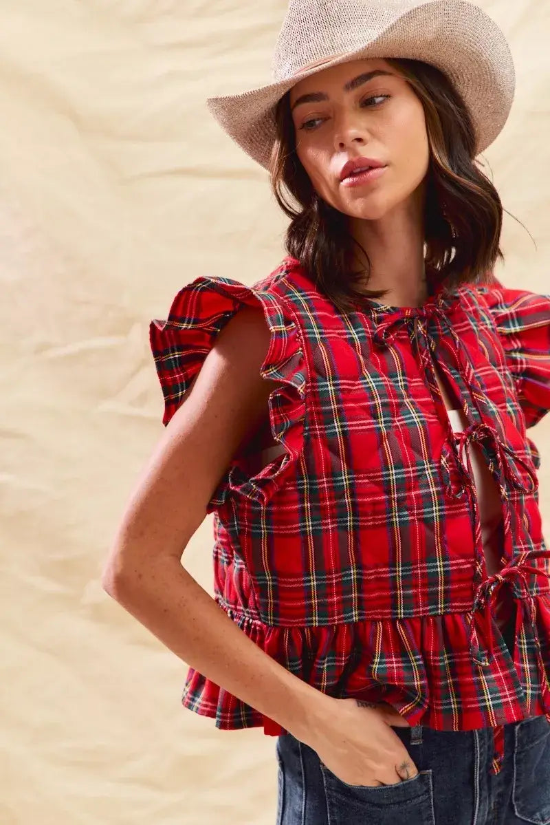 SO ME Christmas Holiday Plaid Ruffled Quilt Vest Top - Trendsi - Flyclothing LLC