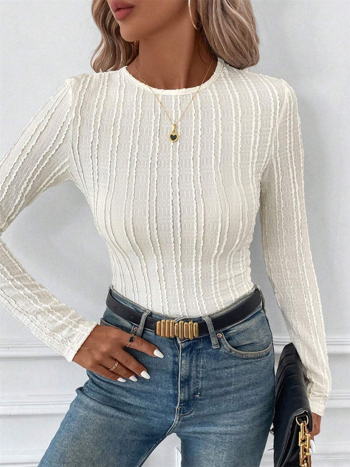 Round Neck Long Sleeve Top - Trendsi - Flyclothing LLC
