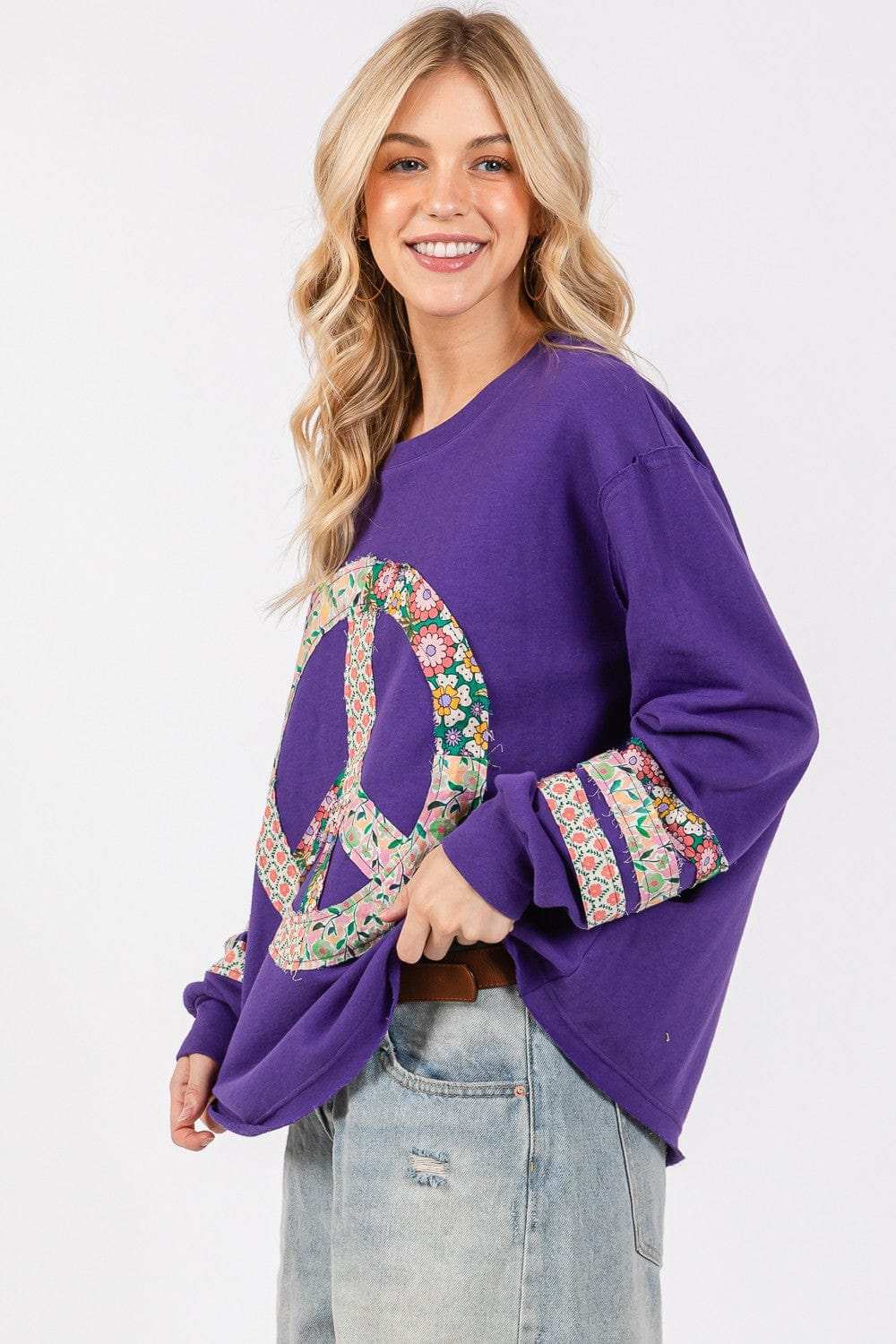 SAGE+FIG Peace Applique Patch Long Sleeve Top - Trendsi - Flyclothing LLC