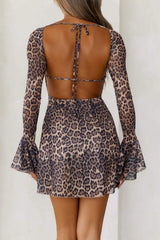Backless Leopard Flare Sleeve Dress - Trendsi - Flyclothing LLC