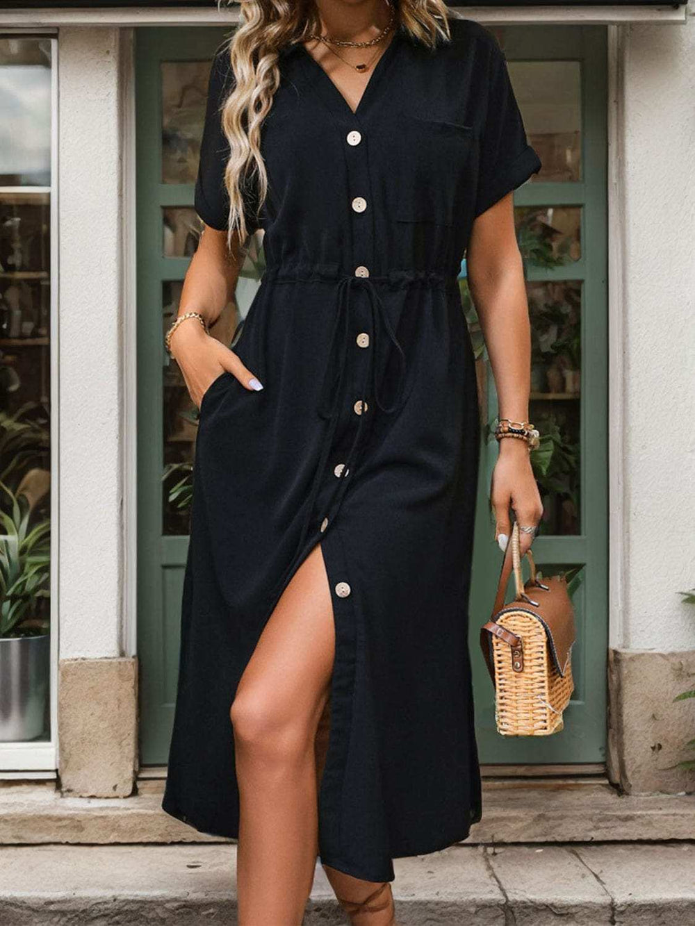 Slit Drawstring Button Up Short Sleeve Midi Dress - Trendsi - Flyclothing LLC