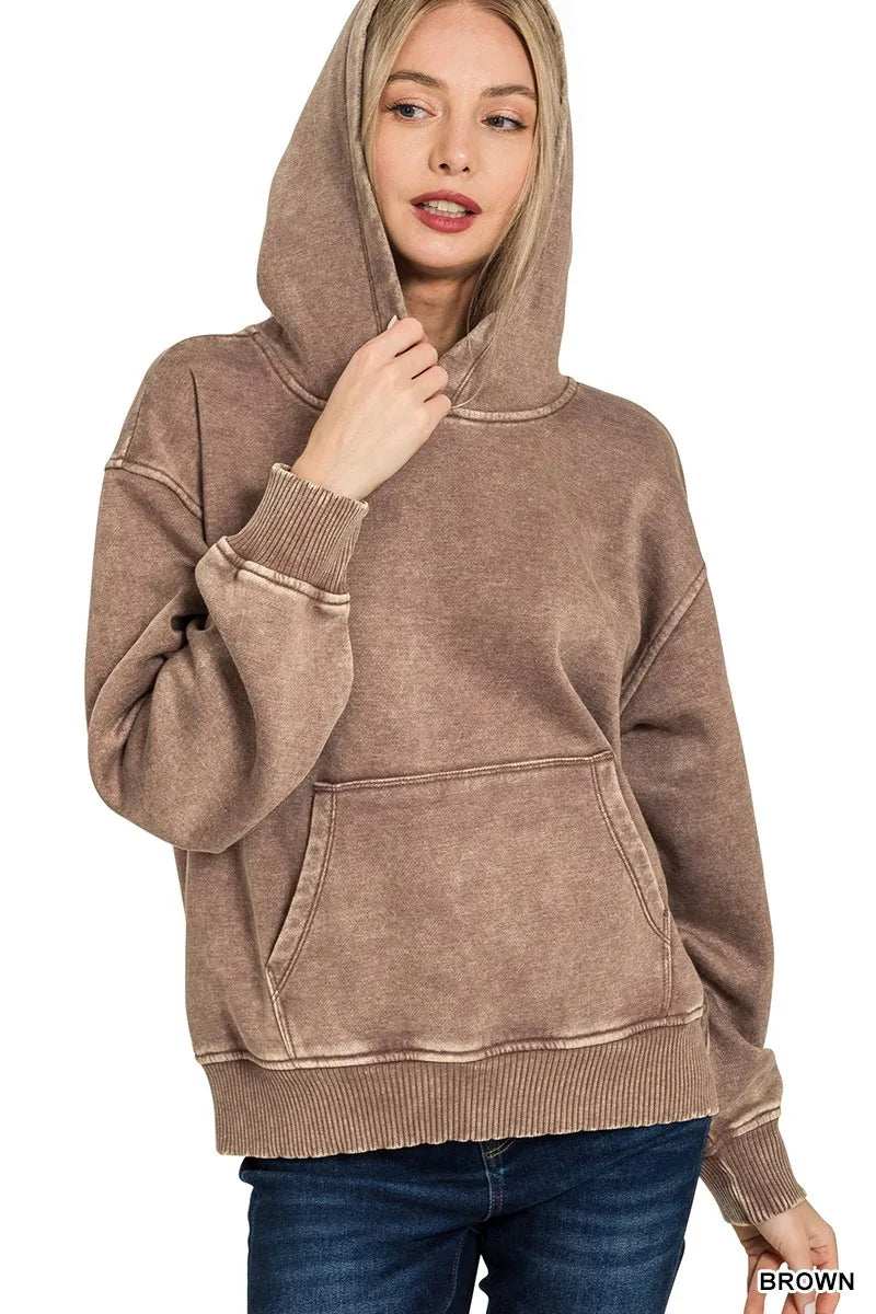 Zenana Fleece Acid Wash Kangaroo Pocket Hoodie - Trendsi - Flyclothing LLC