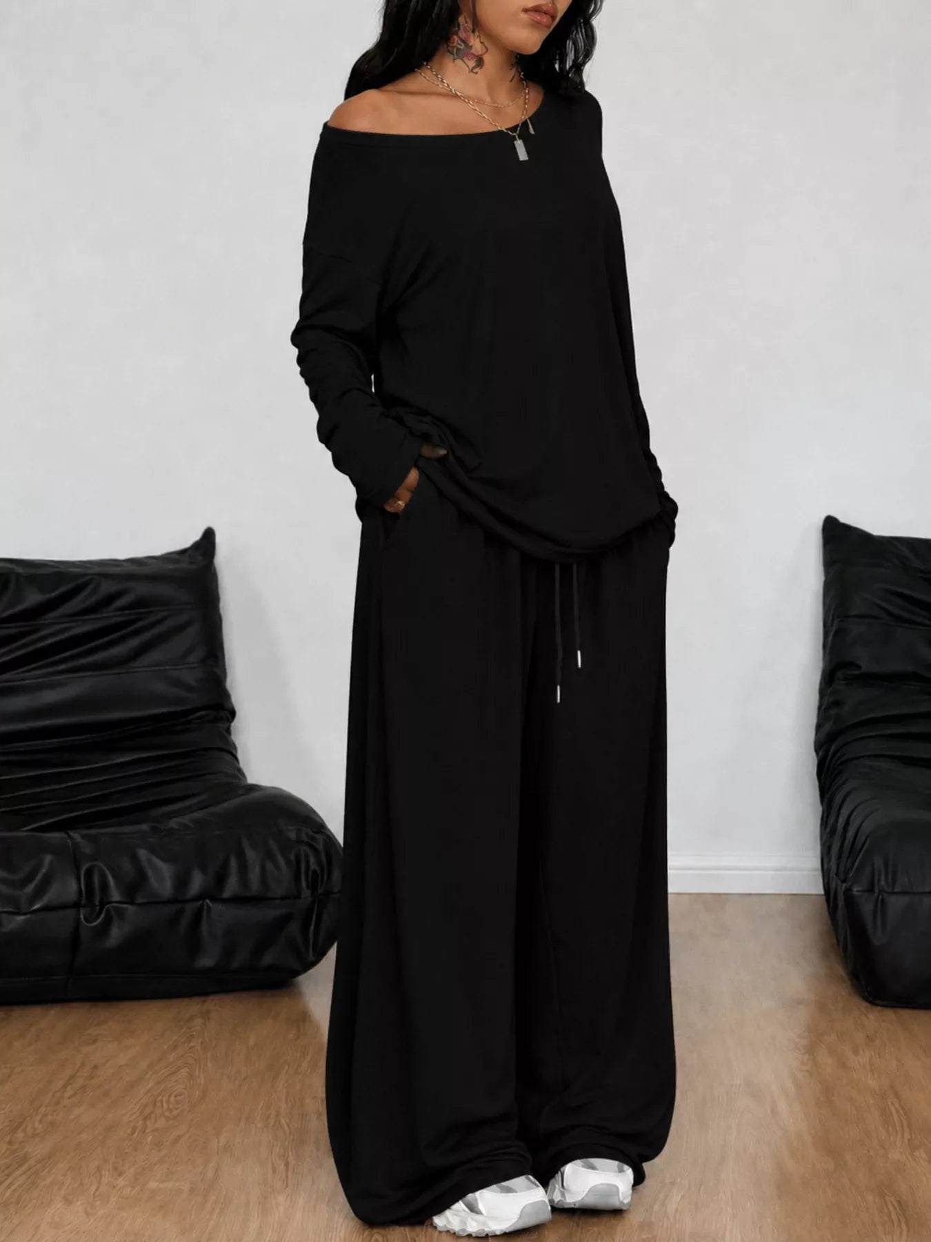 Full Size Comfortable Loose Fit One-Shoulder T-Shirt and Pants Set Plus Size - Trendsi - Flyclothing LLC