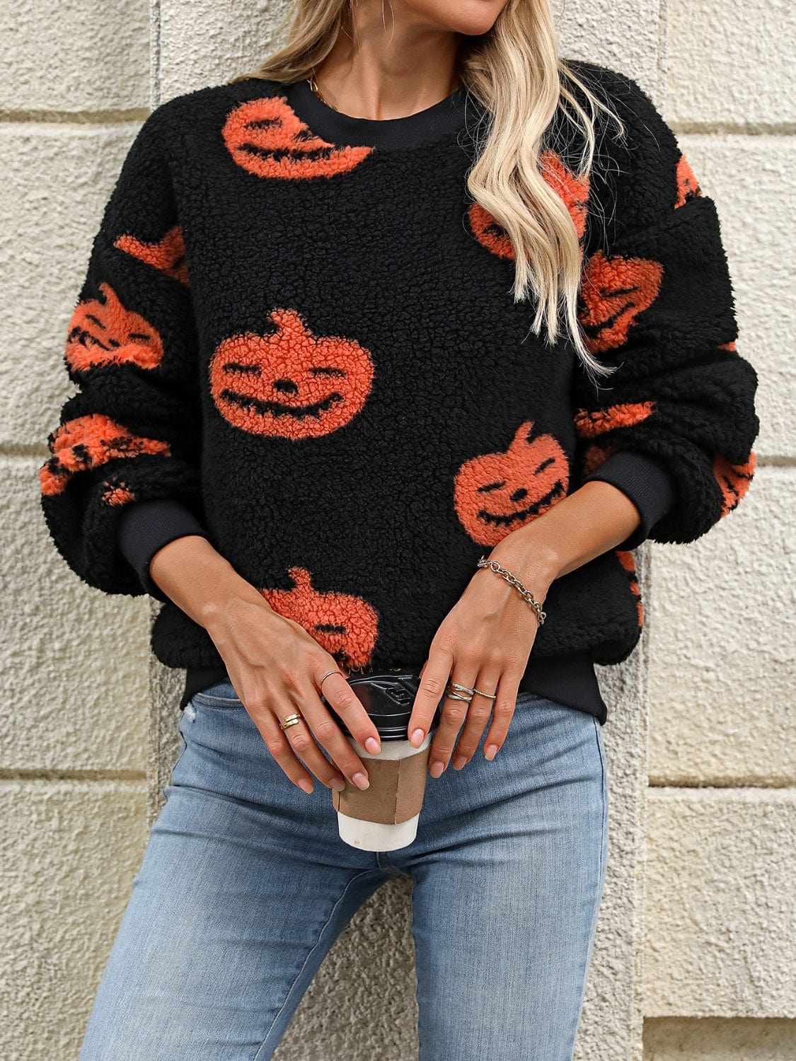 Fuzzy Pumpkin Round Neck Dropped Shoulder Sweater - Trendsi