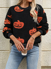 Fuzzy Pumpkin Round Neck Dropped Shoulder Sweater - Trendsi
