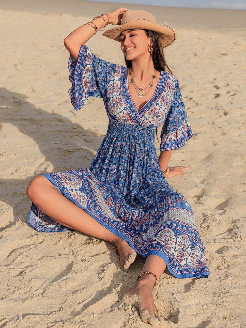 Ruched Printed Flounce Sleeve Midi Dress - Trendsi - Flyclothing LLC