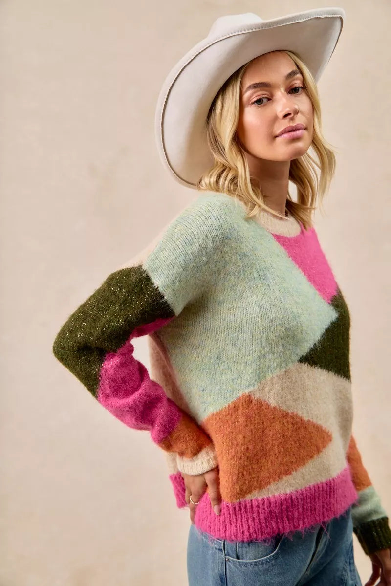 BiBi Multi Color Block Sweater Top - Trendsi - Flyclothing LLC