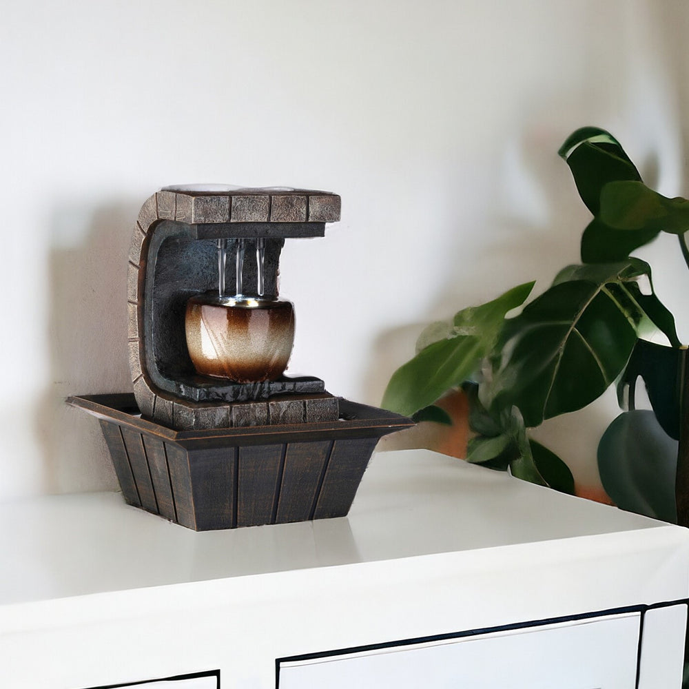10" Brown Textured Polyresin Tabletop Fountain with LED Light - Homeroots