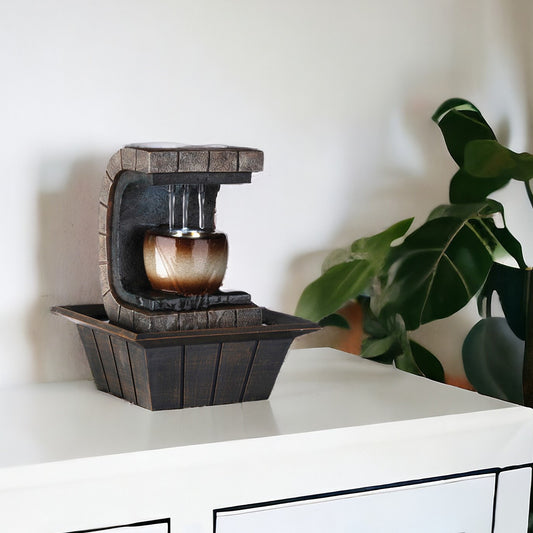 10" Brown Textured Polyresin Tabletop Fountain with LED Light - Homeroots