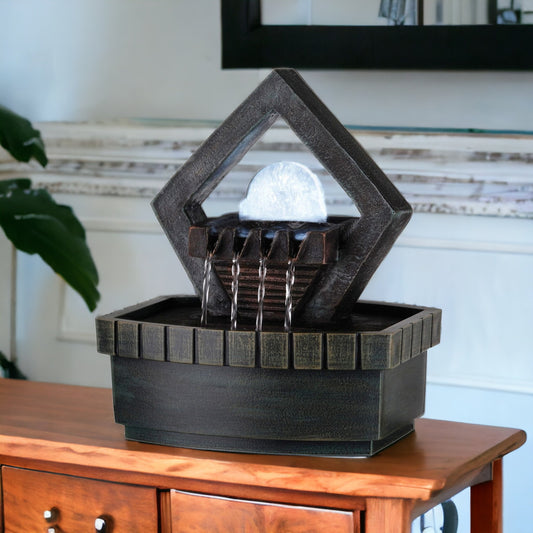 10" Brown Polyresin Geo and Pebbles Tabletop Fountain with LED Light - Homeroots