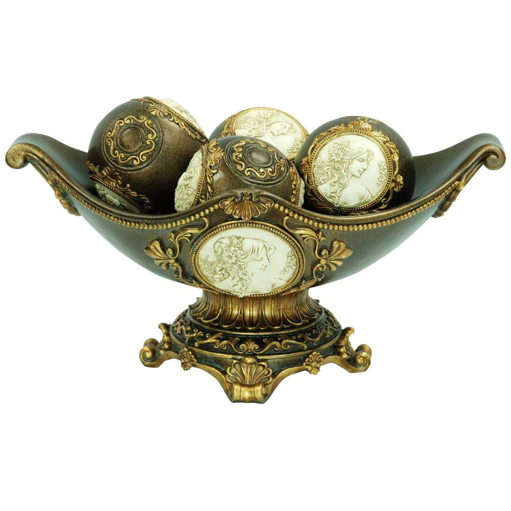 8" Bronze Polyresin Classical Greek Decorative Bowl With Orbs - Homeroots