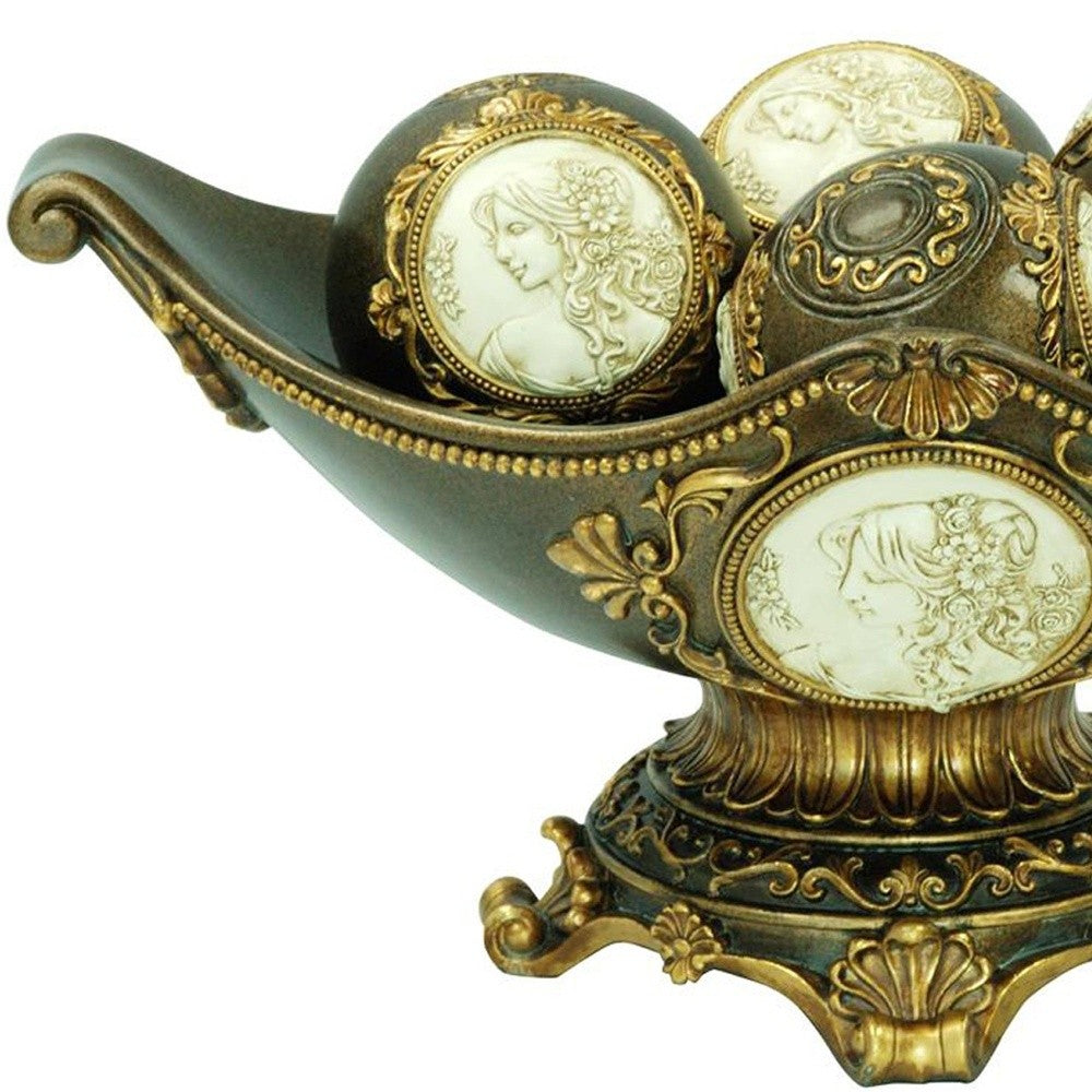8" Bronze Polyresin Classical Greek Decorative Bowl With Orbs - Homeroots - Flyclothing LLC