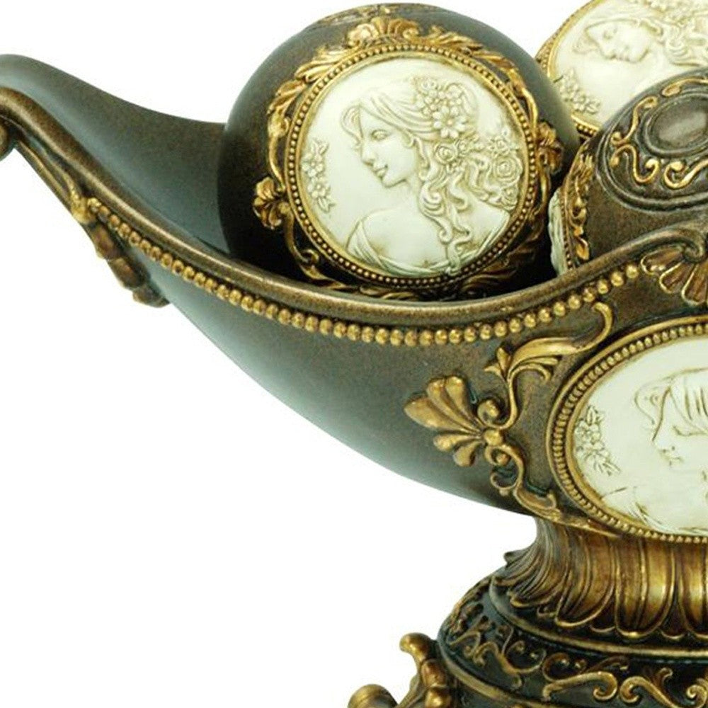 8" Bronze Polyresin Classical Greek Decorative Bowl With Orbs - Homeroots - Flyclothing LLC