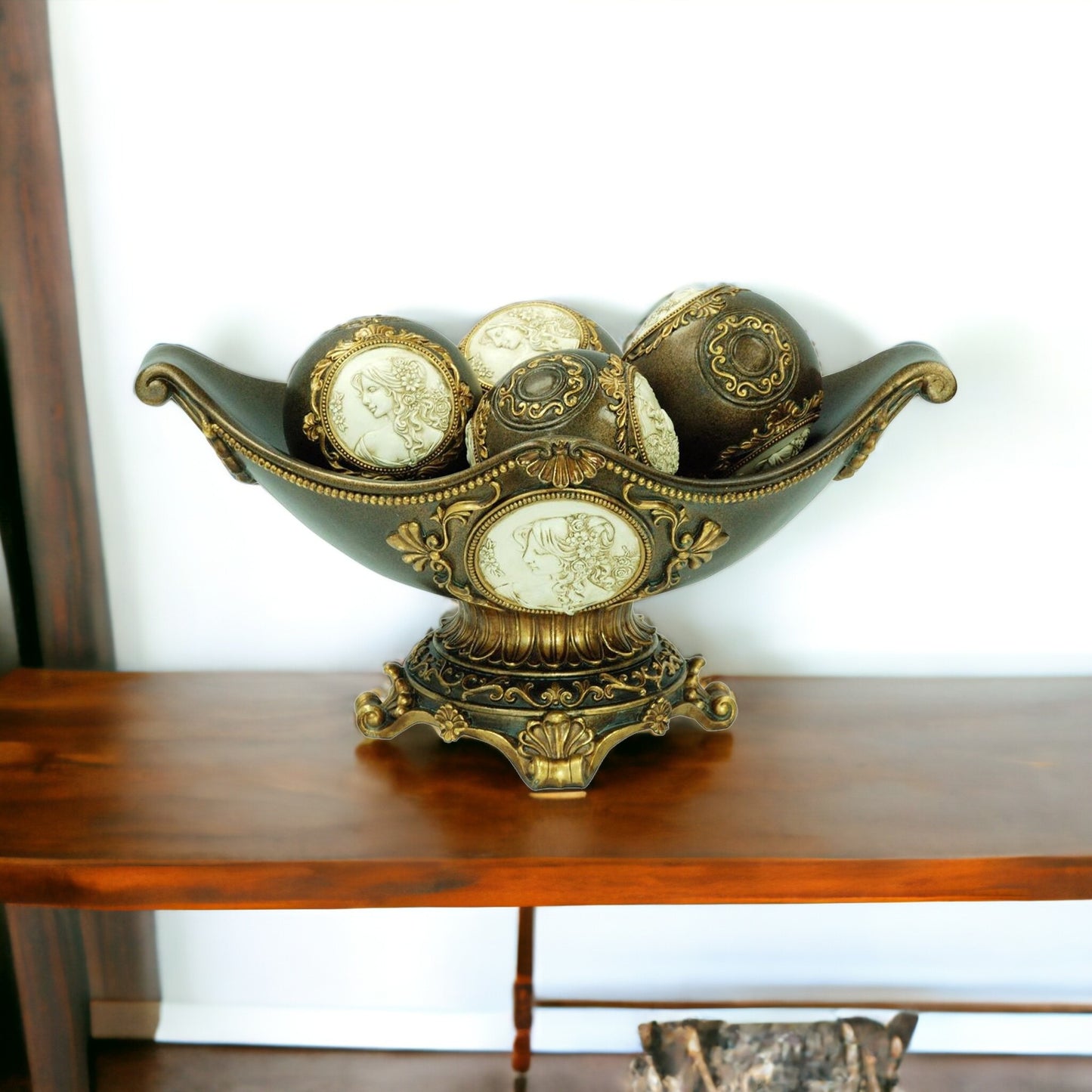 8" Bronze Polyresin Classical Greek Decorative Bowl With Orbs - Homeroots - Flyclothing LLC