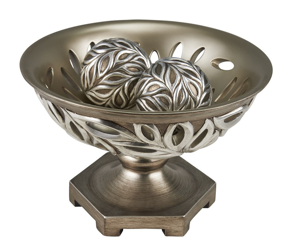 13" Brushed Silver Leaf Polyresin Decorative Pedestal Bowl with Orbs - Homeroots - Flyclothing LLC