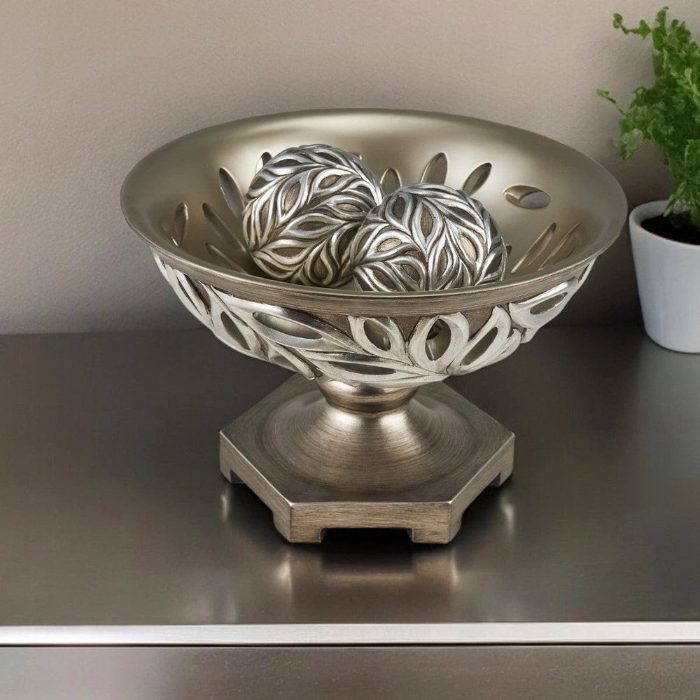 13" Brushed Silver Leaf Polyresin Decorative Pedestal Bowl with Orbs - Homeroots