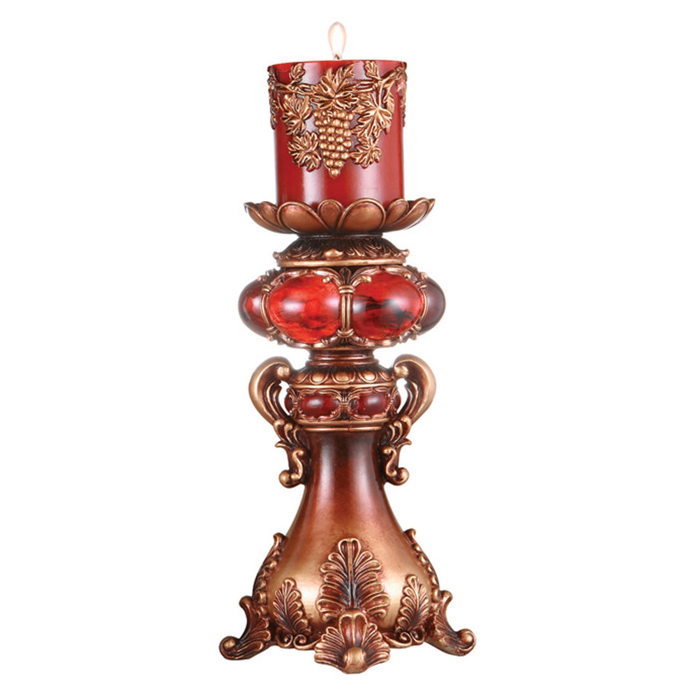 16" Tall Red and Brown Faux Marble Candle Holder with Candle - Homeroots - Flyclothing LLC