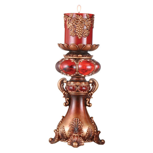 16" Tall Red and Brown Faux Marble Candle Holder with Candle - Homeroots