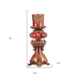 16" Tall Red and Brown Faux Marble Candle Holder with Candle - Homeroots - Flyclothing LLC
