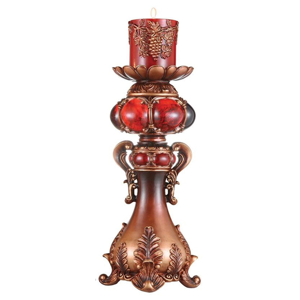 20" Brown and Red Faux Marble Tabletop Candle Holder and Candle - Homeroots